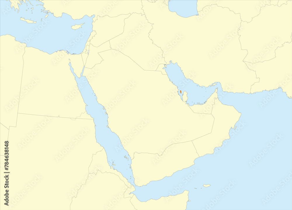 Fototapeta premium Orange detailed blank political map of BAHRAIN with black borders on beige continent background and blue sea surfaces using orthographic projection of the Middle East