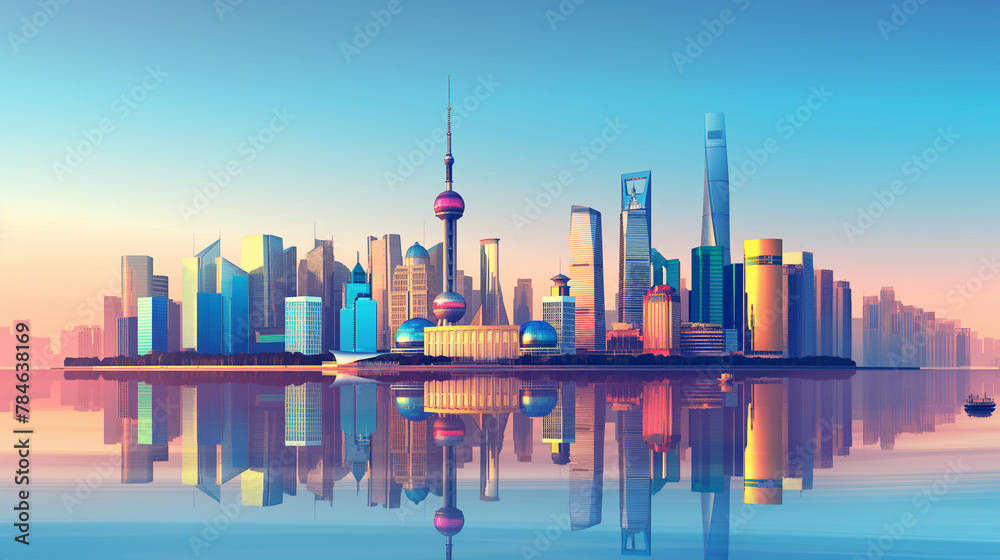 Vector of Shanghai city modern city business downtown with high building skyline, along river famous destination of travel and technology in Shanghai city, China
