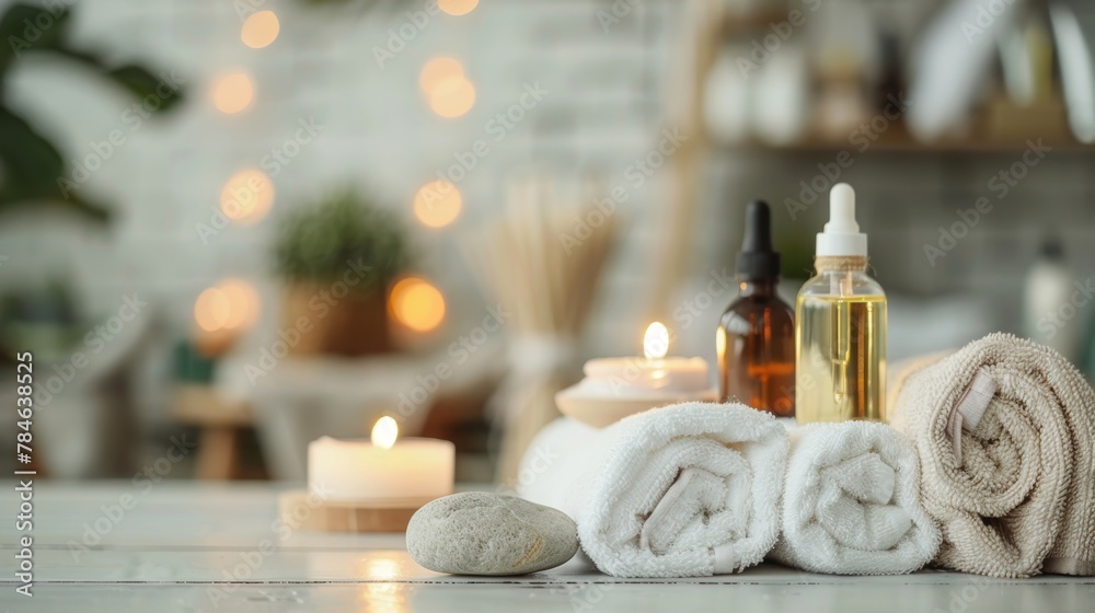 Beautiful spa treatment composition such as Towels, candles, essential oils, Massage Stones on light wooden background. blur living room, natural creams and moisturizing Healthy lifestyle, body care Beautiful spa treatment composition such as Towels, candles, essential oils, Massage Stones on light wooden background. blur living room, natural creams and moisturizing Healthy lifestyle, body care