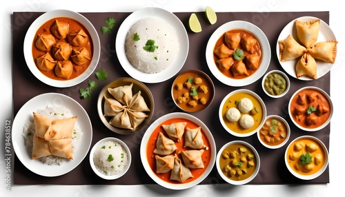 Set-of-Indian-foods--top-view--isolated-on-white-background--momos--butter-chicken-curry-and-rice--samosas--pani-puri-on-plate--Asian-food-set-collection-top-view--Indian-and-Pakistani-food-collection