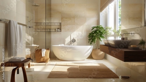 Clean  neutral colored  yet masculine bathroom  interior  apartment  design  house  luxury  modern  light  home  white  sink  room  floor  wall  bath