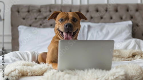 Dog laying in bed, with open laptop, watching or working from home concept.