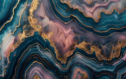 Ripple pattern layers of agate and marble background in gold, pink and blue color.  photo
