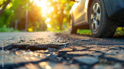 car wheels running and closed up Very bad quality street with potholes. have tree. Damaged asphalt pavement road with potholes in city, dangerous, broken, garage