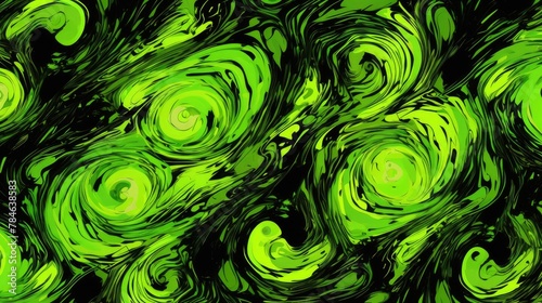 Vibrant Neon Green and Black Abstract Swirls Background