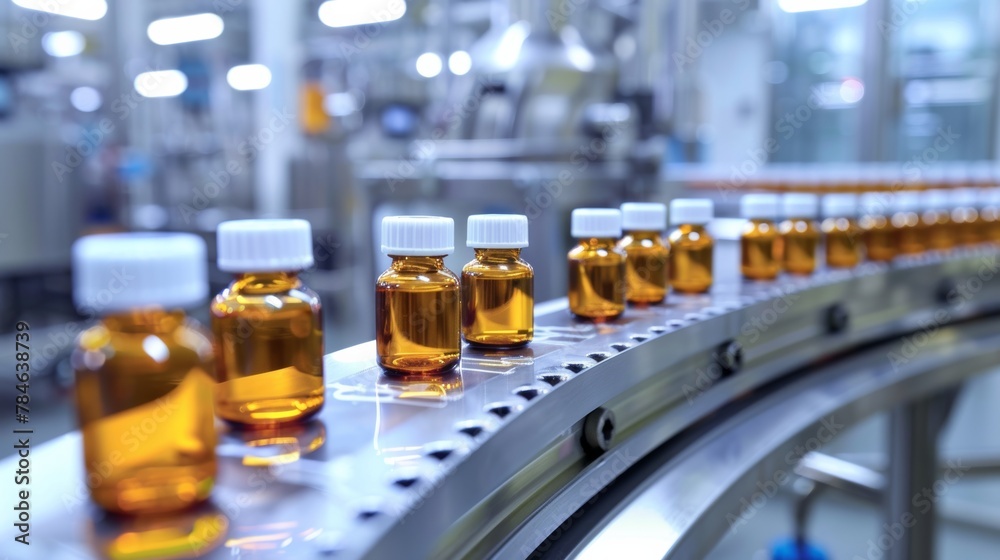 Medical vials on production line at pharmaceutical factory, Pharmaceutical machine working pharmaceutical glass bottles production line, health care, pandemic Medical vials on production line at pharmaceutical factory, Pharmaceutical machine working pharmaceutical glass bottles production line, health care, pandemic