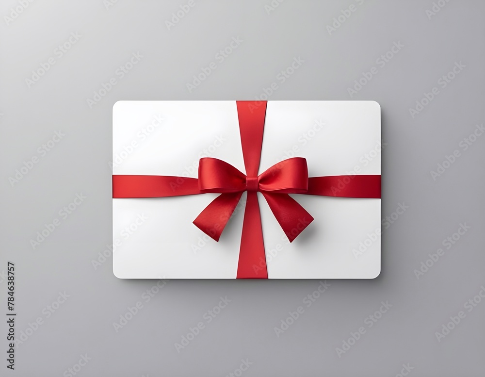 Blank white gift card with red ribbon bow isolated on background with shadow minimal conceptual Blank white gift card with red ribbon bow isolated on background with shadow minimal conceptual