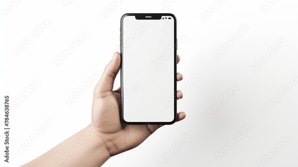 Mobile phone mockup with blank white screen in human hand, 3d render illustration put on a sweater, hold a smartphone Mobile digital device in arm isolated on white - obrazy, fototapety, plakaty 