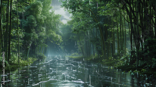 Rainy day  Bamboo forest. Beautiful landscape in a bamboo forest during the rain