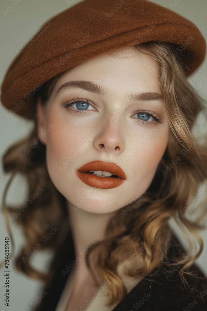 Cute girl,blue eyes, bright lipstick , brunette , brown beret on her head, portrait. She has curly hair. Cute girl,blue eyes, bright lipstick , brunette , brown beret on her head, portrait. She has curly hair.