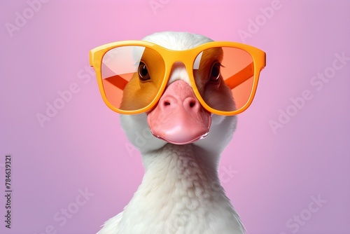 Close-up of the head of a funny goose wearing sunglasses on a pink background, created by AI