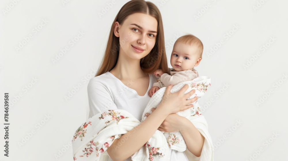 portrait of model young woman with newborn child in her arms , she is watching on him and smiling , high quality shoot for advertising portrait of model young woman with newborn child in her arms , she is watching on him and smiling , high quality shoot for advertising