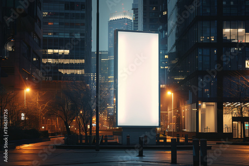 Mockup. Blank white vertical advertising banner billboard stand on the sidewalk at night in front of city street