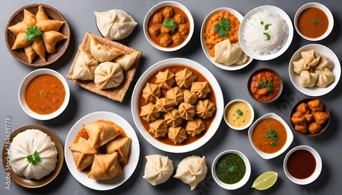 Set-of-Indian-foods--top-view--isolated-on-white-background--momos--butter-chicken-curry-and-rice--samosas--pani-puri-on-plate--Asian-food-set-collection-top-view--Indian-and-Pakistani-food-collection