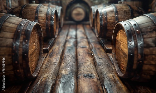 Background of stacked wooden storage barrels. photo