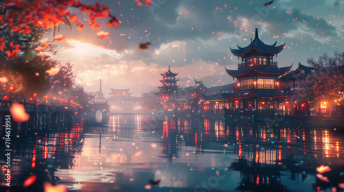 Chinese ancient city, bright atmosphere, bird's-eye view, details, fantasy, brilliant lighting effects