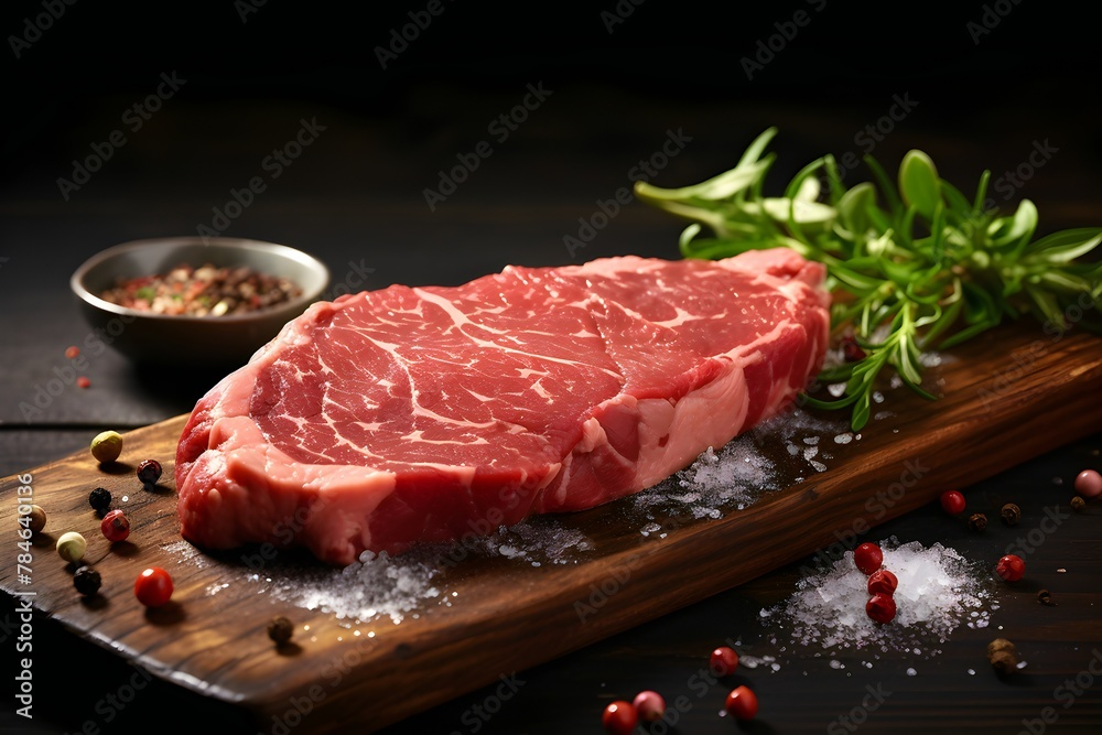 Close-up of a fresh piece of beef meat, steak with herbs and spices on a wooden board on a dark background,  generated by AI