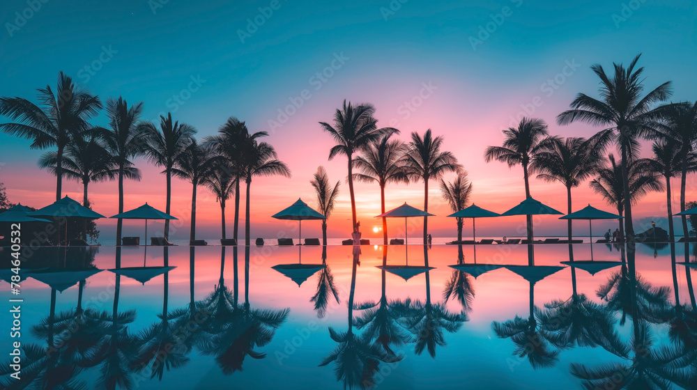Poolside sunset with palm tree silhouettes and vibrant sky reflections. Serene holiday resort view as the sun dips below the horizon