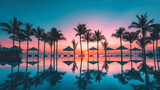 Poolside sunset with palm tree silhouettes and vibrant sky reflections. Serene holiday resort view as the sun dips below the horizon