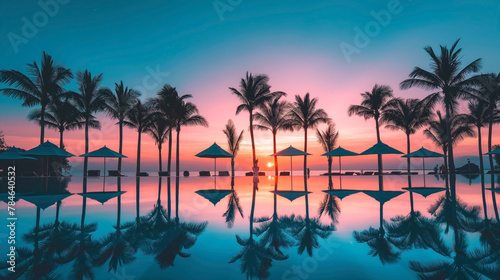 Poolside sunset with palm tree silhouettes and vibrant sky reflections. Serene holiday resort view as the sun dips below the horizon © Denniro