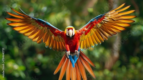A colorful macaw in flight, showcasing its wingspan photo