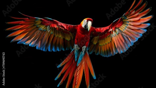A colorful macaw in flight, showcasing its wingspan