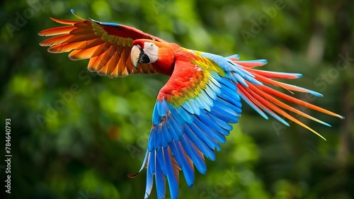 A colorful macaw in flight, showcasing its wingspan © Pekr