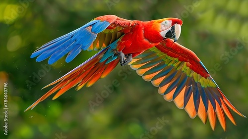 A colorful macaw in flight, showcasing its wingspan © Pekr