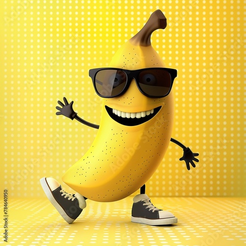 A cheerful cartoon banana wearing sunglasses and shoes on a dotted yellow background