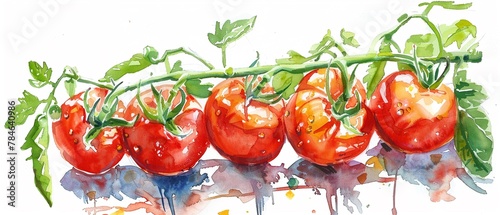 A Cluster of red ripe tomatoes on the vine in a lush greenhouse environment, agricultural concept,watercolor illustation photo