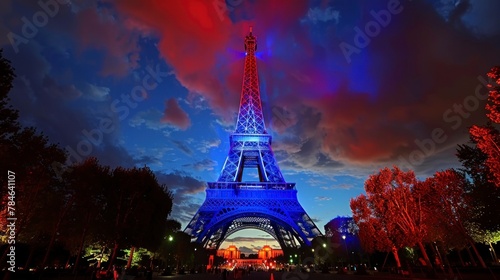 Eiffel Tower illuminated with the colors of France at night. opening of the Paris Olympic Games © Marco