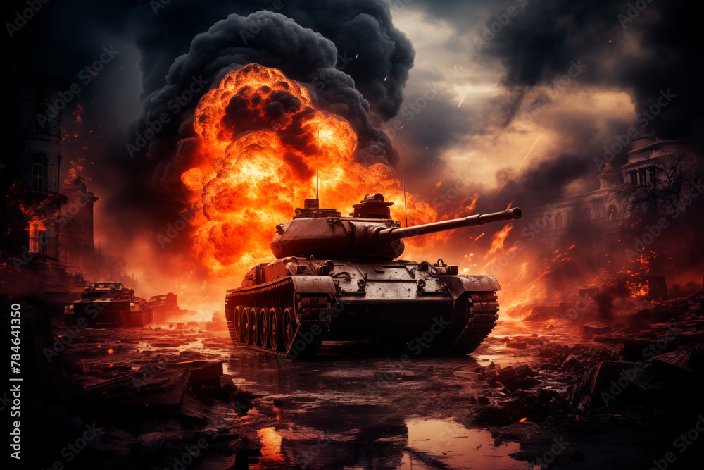 War tank in the middle of the battlefield, fire and explosions behind the tank. Generative AI War tank in the middle of the battlefield, fire and explosions behind the tank. Generative AI