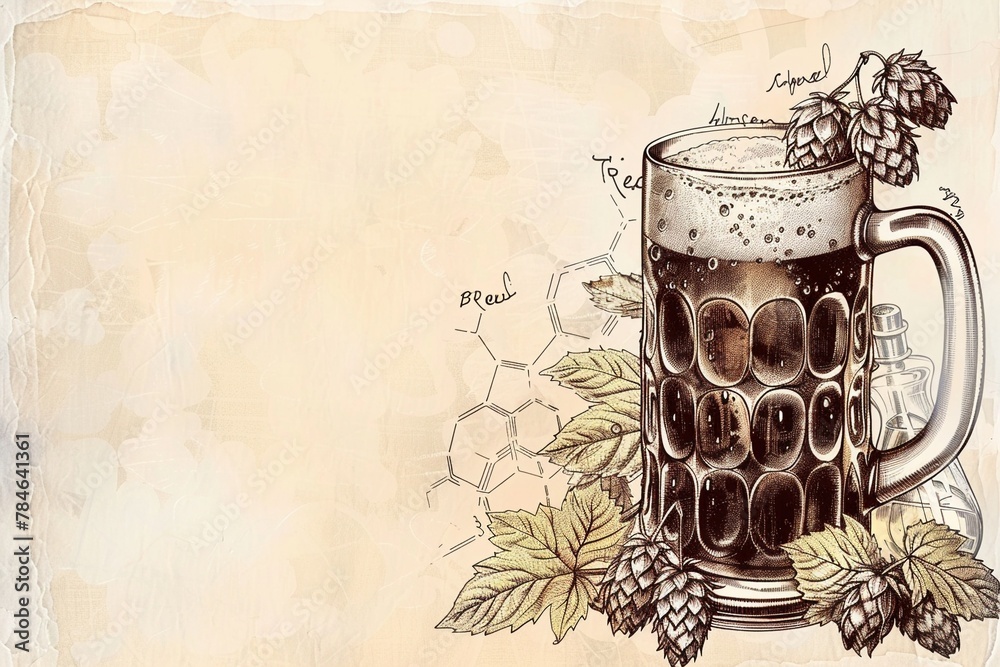 Engraved vintage illustration of beer in a mug with hops and scientific chemistry elements, on a light background