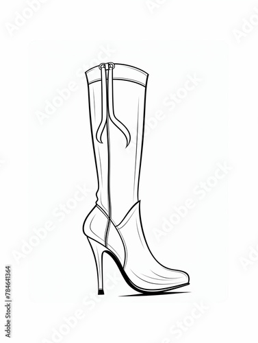 Line drawing of long boot, shoe drawing on white paper