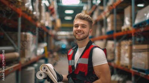 Smiling Worker in Warehouse Vest