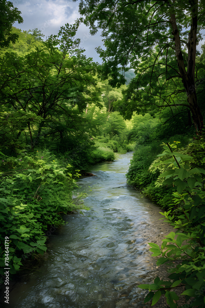Serene Snapshot of a Picturesque Narrow River Meandering through an Unspoiled Green Forest