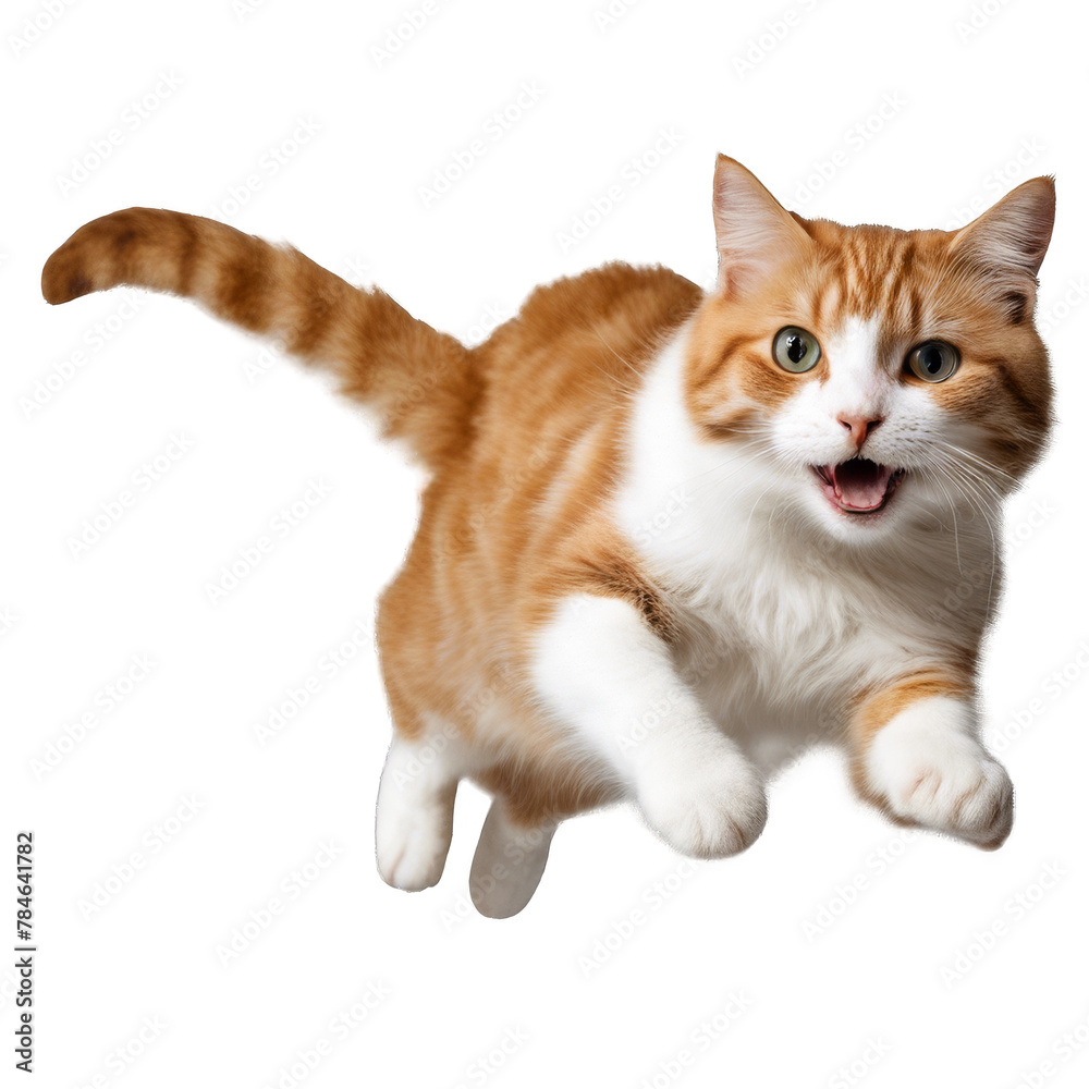Orange and white cat jumping with mouth open