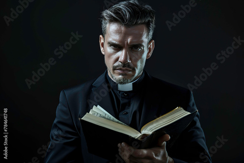 Catholic priest holding bible isolated on black background photo