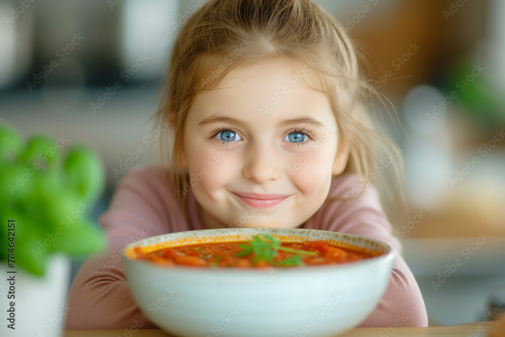 Portrait of a little girl sitting in the kitchen with a bowl of borscht Portrait of a little girl sitting in the kitchen with a bowl of borscht