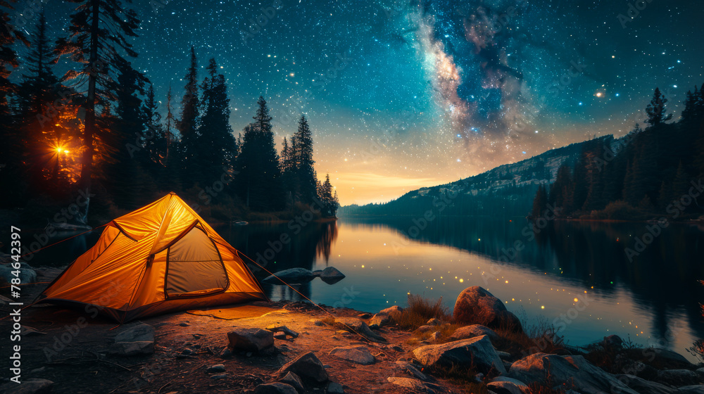 A tent is set up on a beach at night. The sky is dark and the stars are shining brightly. The scene is peaceful and serene, with the sound of the waves in the background