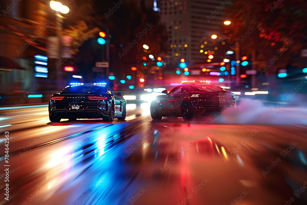 A blurry view of a city police car in a street at night, with illuminated buildings and moving vehicles creating streaks of light