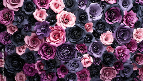 A wall of roses in shades of pink  purple and black