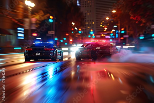 A blurry view of a city police car in a street at night, with illuminated buildings and moving vehicles creating streaks of light