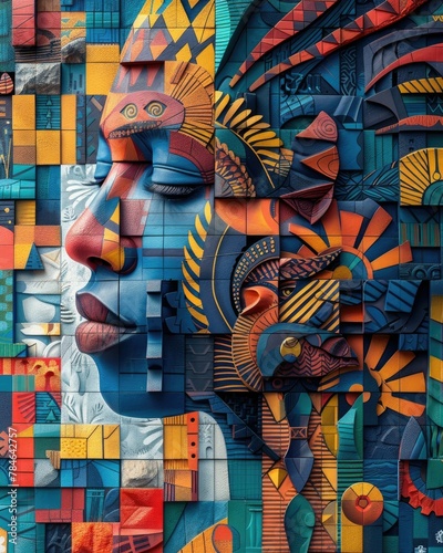 A stunning and colorful cubist-style mural that artistically fragments and reassembles a woman's face.
 photo