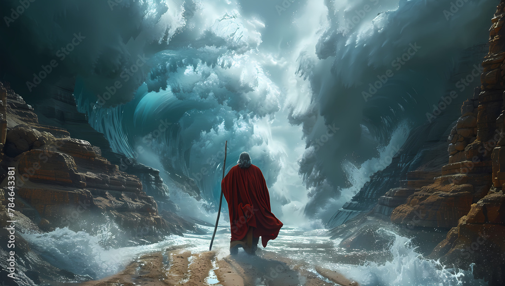 Moses separate the sea in exodus. Israelites crossing the red sea. Biblical and religion illustration. Happy Passover, Pesah - obrazy, fototapety, plakaty 