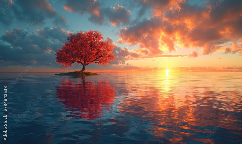 Lonely tree in the lake at sunrise.