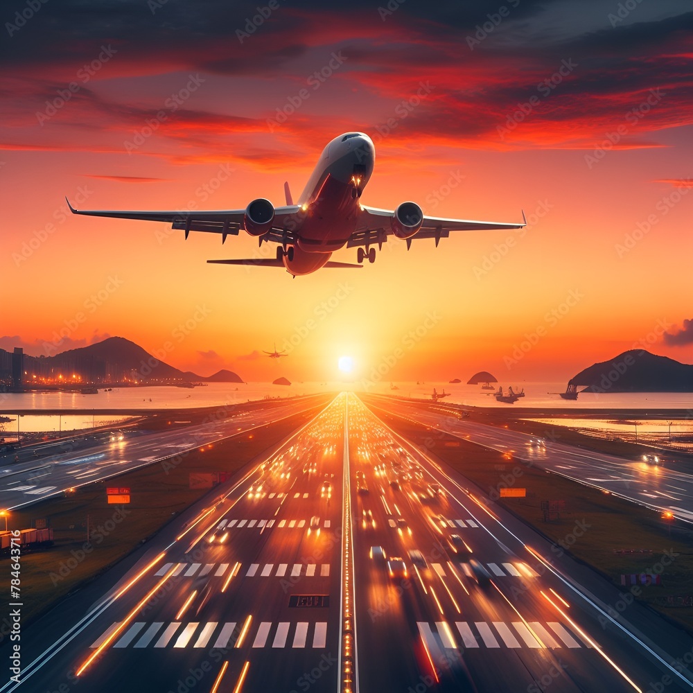 Fototapeta premium Airplane Taking Off From Airport Runway on sunset. Airplane landing on runway with glowing sunset behind, creating a silhouette effect at twilight.