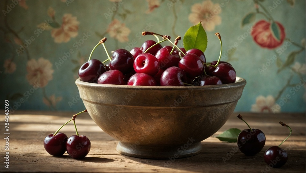 Ripe cherries in an ornate bowl on a wooden table with diffuse light create a serene and appetizing image Ripe cherries in an ornate bowl on a wooden table with diffuse light create a serene and appetizing image