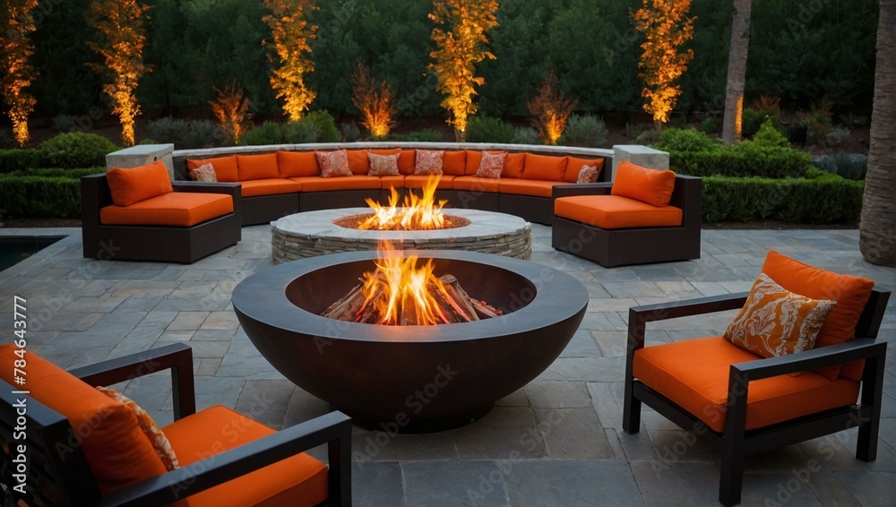 Inviting outdoor space featuring a fire pit surrounded by a curved seating area amidst a beautiful garden - obrazy, fototapety, plakaty 