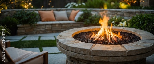 An elegant and warm backyard atmosphere highlighted by a stone fire pit providing a focal point for evening gatherings and relaxation